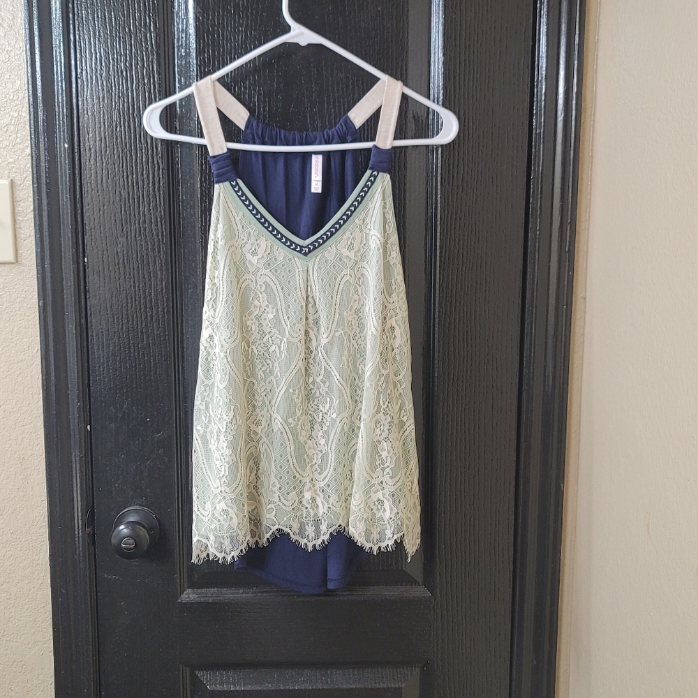 Xhilaration Sleeveless Tank Top blouse, Size M, blue/green with lace overlay